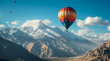 Fototapeta premium A mountain landscape with a colorful hot air balloon festival rising against the backdrop of snow-capped peaks.