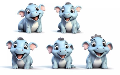 collection of 3d illustrations of cute cartoon hippo cubs, in various styles, on a white background. generative ai
