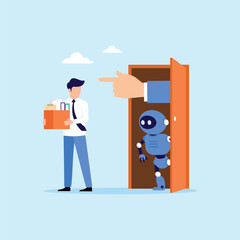 Artificial Intelligence robot work to replace human. Technologies replace people work flat design concept vector illustration