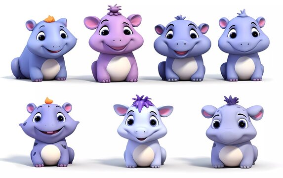 collection of 3d illustrations of cute cartoon hippo cubs, in various styles, on a white background. generative ai