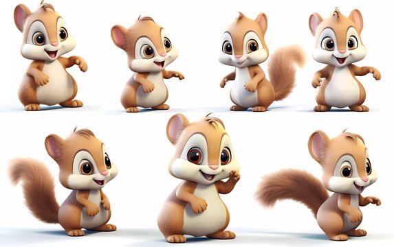 collection of 3d illustrations of cute cartoon squirrel babies, in various styles, on a white background. generative ai