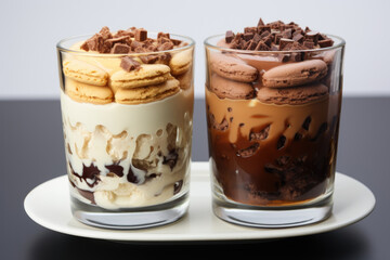 Two layered parfait desserts with chocolate and cookies in clear glasses.