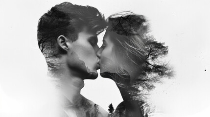Double exposure profile portrait of a man and a woman kissing, adorned with photographs and memories. Poster, collage, art. - obrazy, fototapety, plakaty