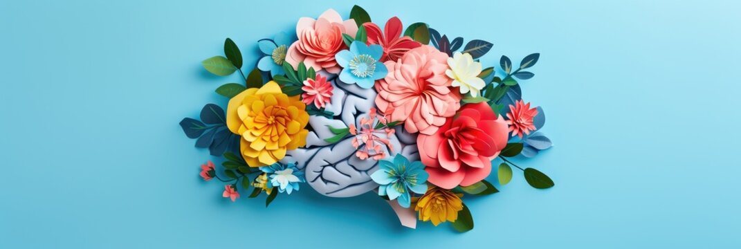 paper cut card Human brain with spring colorful flowers. World Mental Health day Concept of mental health, self care, happiness, harmony, positive thinking, creative mind