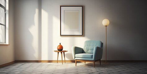 interior of a room with a chair, modern living room, a blank square poster print in a mid century modern - obrazy, fototapety, plakaty