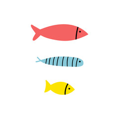 Set of hand drawn cute colored fish isolated on a white background. Doodle, simple flat illustration. It can be used for decoration of textile, paper and other surfaces.
