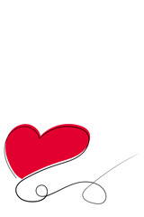 Linear heart with a red spot drawn by hand. Heart doodle. Linear heart for Valentine's day. Place for text on a white background.
