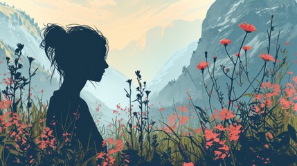  a painting of a woman standing in a field of wildflowers with mountains in the background and a sky filled with pink and blue flowers in the foreground.