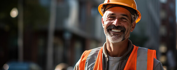 Smiling construction worker wearing a white hard hat and reflective vest stands at a construction site. Copy space