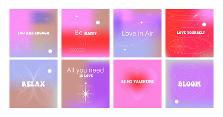 Beautiful gradient postcards with hearts, quotes, butterflies, flowers, waves and stars.Trendy gradients, typography, y2k. Social media post templates for digital marketing and sales promotion.