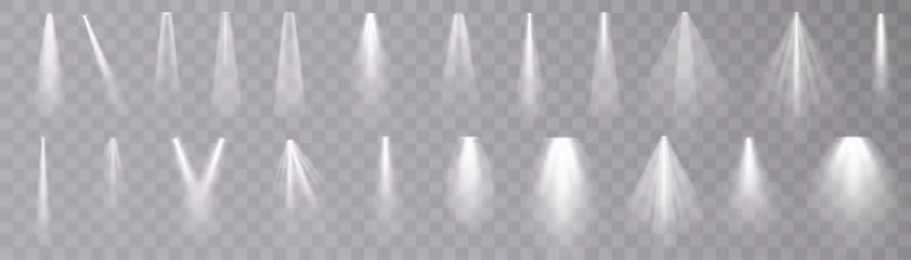 Gordijnen Set of isolated spotlight light effects. White glowing spotlight on a transparent background. © Valeriia