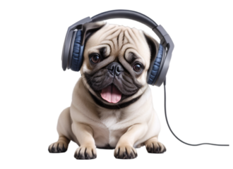 Pug puppy with a cute face is sitting with headphones on