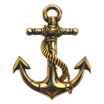 Golden Anchor Nautical Symbol Isolated on Transparent or White Background, PNG