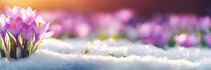 Banner Purple crocuses growing through the snow in early spring against a bokeh background