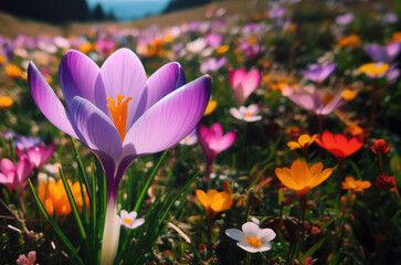 Beautiful purple crocuses outdoors. Close-up. Delicate natural background. Spring season