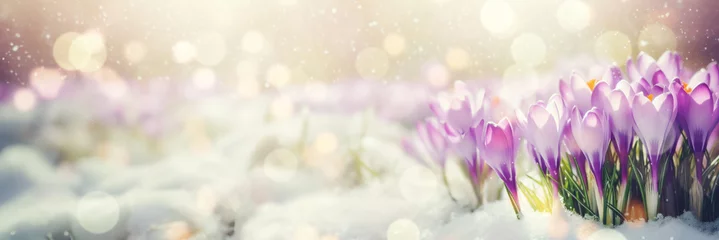 Tuinposter Banner Purple crocuses growing through the snow in early spring against a bokeh background © Екатерина Переславце