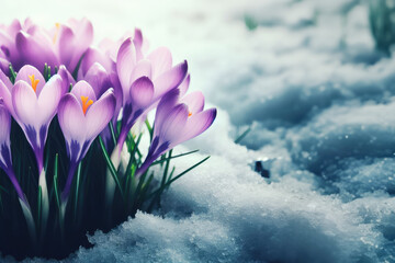 Purple Crocus growing in the early spring through snow