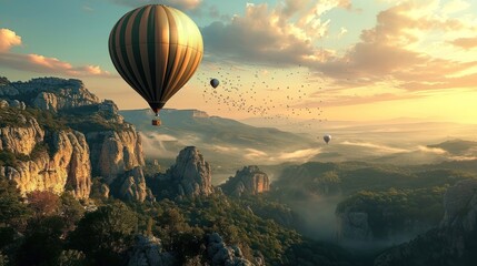  a group of hot air balloons flying in the sky above a mountain range with trees and mountains in the foreground and clouds in the sky, with a few clouds in the foreground.