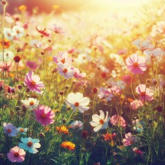 Beautiful and amazing cosmos flower field landscape in sunset. Nature wallpaper background.