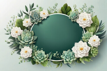 Border frame with succulent flowers with round frame for lettering on green background, suitable for greeting card with place for text