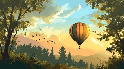  a painting of a hot air balloon flying in the sky over a wooded area with trees and birds in the foreground and a bird flying in the foreground.