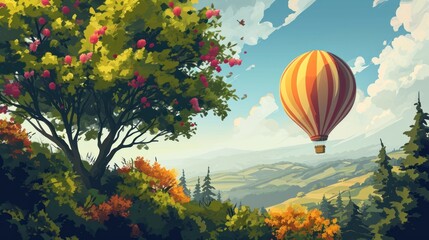 Fototapeta premium a painting of a hot air balloon flying in the sky over a wooded area with a tree and mountains in the background, with a blue sky with clouds and pink flowers in the foreground.