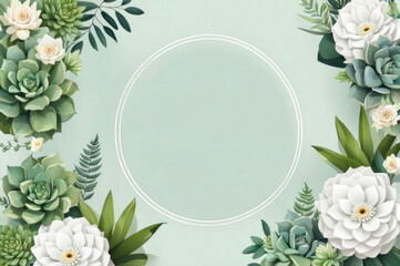 Border frame with succulent flowers with round frame for lettering on green background, suitable for greeting card with place for text - obrazy, fototapety, plakaty