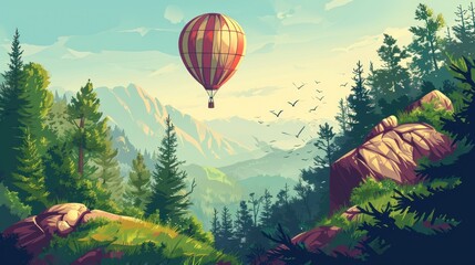 Fototapeta premium a painting of a hot air balloon flying in the sky over a mountain range with pine trees and a mountain range in the background with birds flying in the sky.