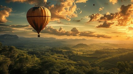  a hot air balloon flying in the sky over a lush green valley under a cloudy sky with sun rays coming through the clouds over the valley and a valley below.