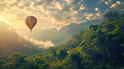  a hot air balloon flying in the sky over a lush green forest filled with trees and a mountain range in the distance with clouds and sun shining through the clouds.
