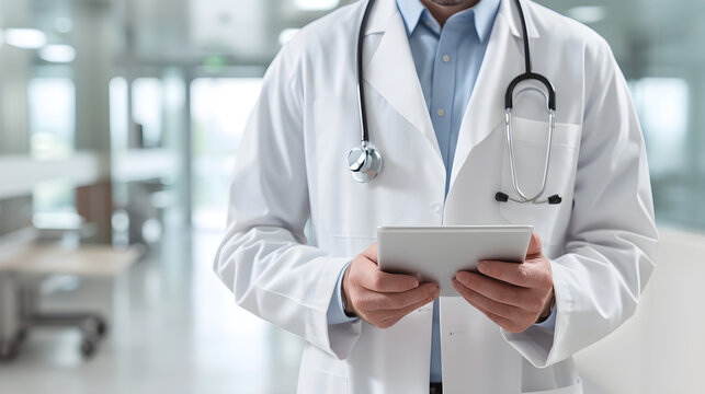 Doctor in white coat and a tablet on blurred background of a hospital or doctor's office. Concept of health day, health professional and modern medicine. Copy space.