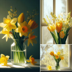 Yellow daffodils in a vase on the windowsill