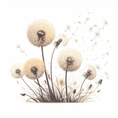 Background of dandelions in airy, spring illustration with space for text.