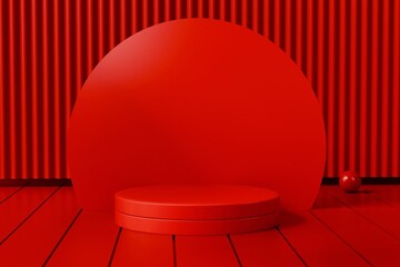 3d red podium studio with geometric shapes, podium on the floor. Platforms for product presentation, mock up background. Abstract composition in minimal design. 3d rendering illustration.