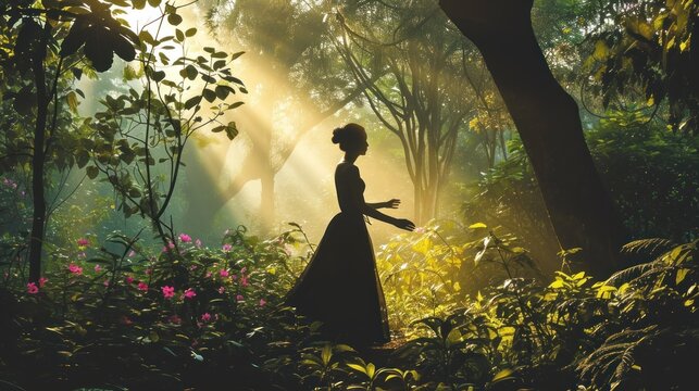  a woman in a long dress walking through a forest with sunlight streaming through the trees and flowers in the foreground of the image, with the sun shining through the trees.