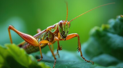  a close - up of a praying mantissa on a leaf with a blurry background of green leaves and a blurry image of a praying mantissa.