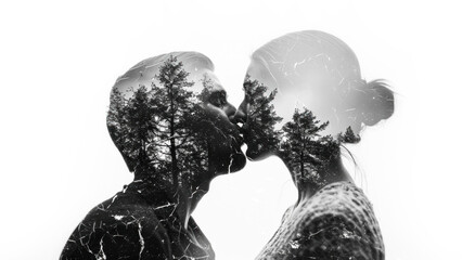 Double exposure profile portrait of a man and a woman kissing, adorned with forest and trees. Poster, collage, art.