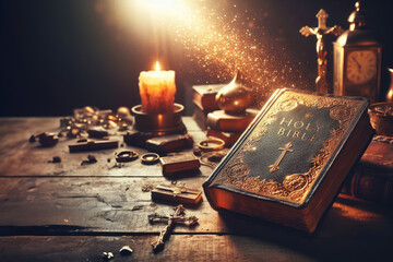 Shining Holy Bible. On a wooden table in the rays of light
