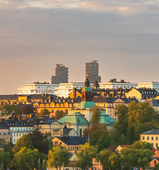 The skyline of Stockholm, view of the parks and buildings in Kungsholmen towards Hagastaden at...
