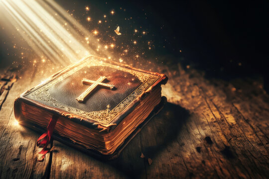 Shining Holy Bible. On a wooden table in the rays of light