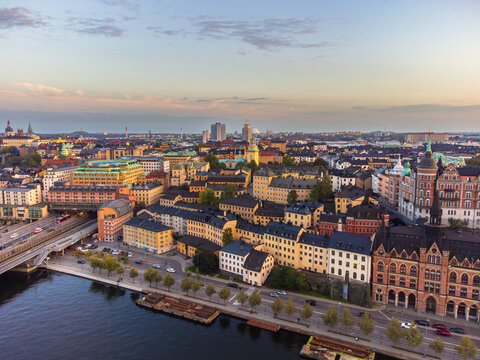 Stockholm city skyline at dusk, view over S&ouml;dermalm and towards Globen. Northern shore towards the old town known as Slussen, late september.