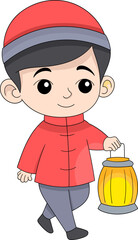 illustration of Chinese New Year celebration, boy walking carrying a lantern in traditional clothes