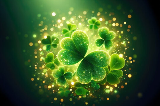 St patrick day background, Lucky green four-leaf clover isolated on green background banner template