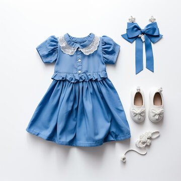 baby child clothes with accessories or props top front view blue color frock suites with hair band and shoes in white background