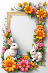 Naklejka na ściany i meble Botanical frame with two rabbits and flowers. Little garden. Easter mood