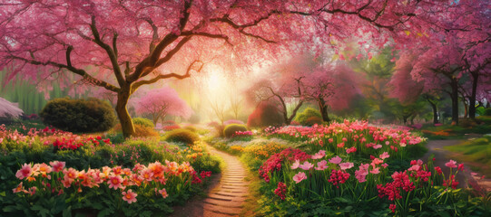 Beautiful park with different flowers and path in the morning at sunrise, spring banner
