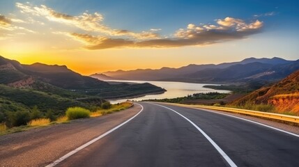Naklejka premium Road and mountain natural landscape at sunset