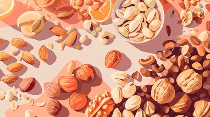  a painting of nuts and oranges on a pink and orange background with a bowl of oranges and a plate of nuts on a pink and white table cloth.