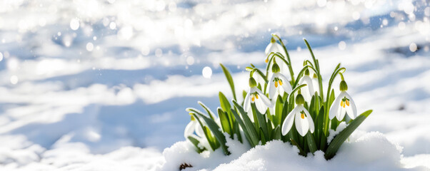 Banner Close up of snowdrop flowers blooming in snow covering. First spring flowers