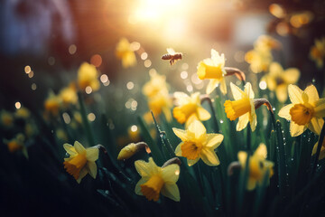 Spring yellow Daffodils Narcissus flowers backlit by sunshine - obrazy, fototapety, plakaty